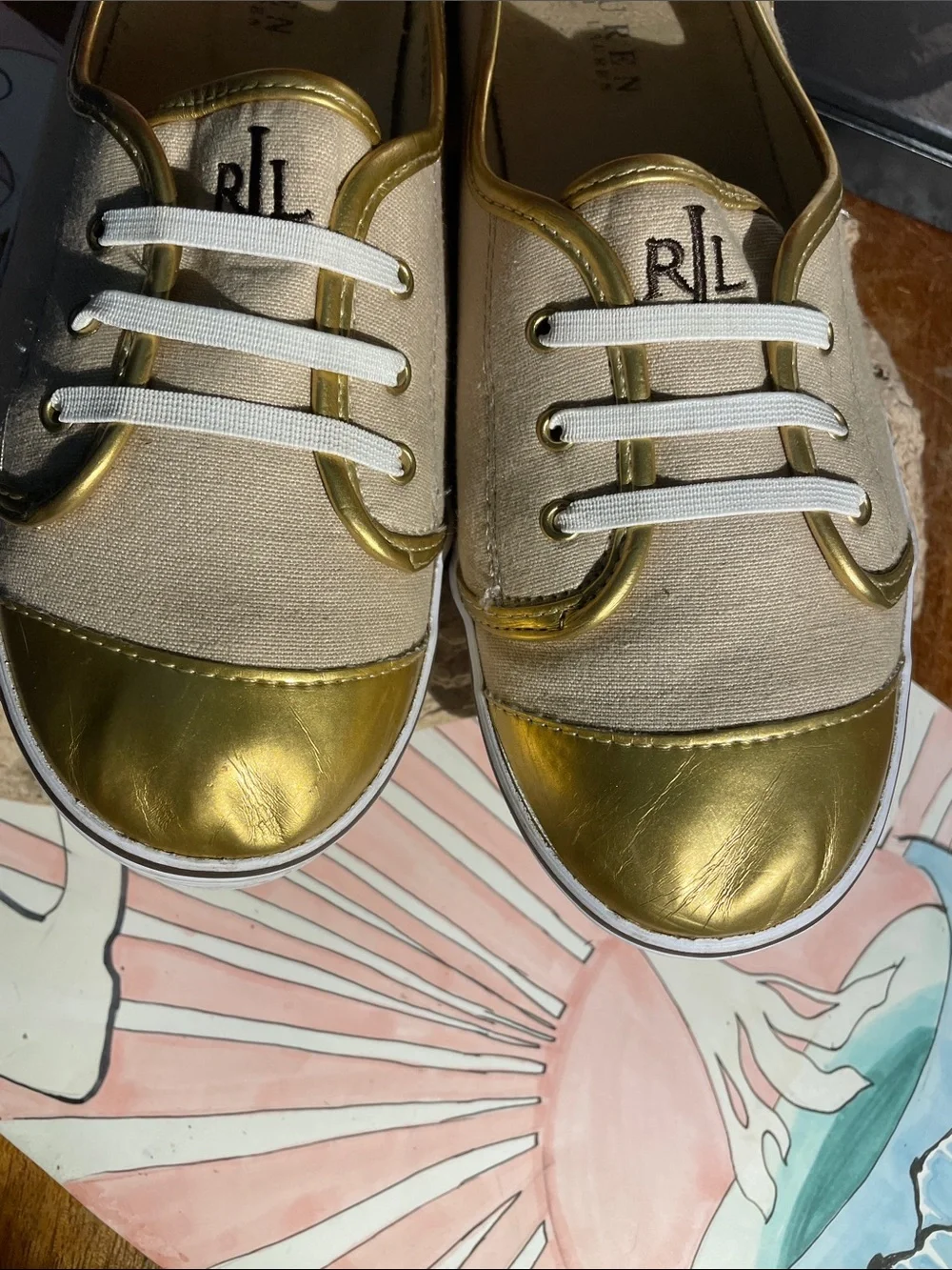 Lauren Ralph Lauren Beige Canvas Sneakers with Gold Metallic Accents